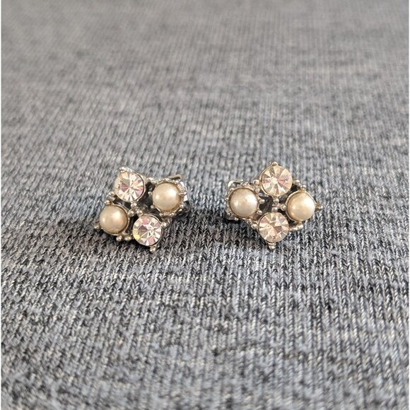 Triad Jewelry - Vintage Triad Clip-On Cluster Earrings, Rhinestone and Faux Pearl, Silver Toned